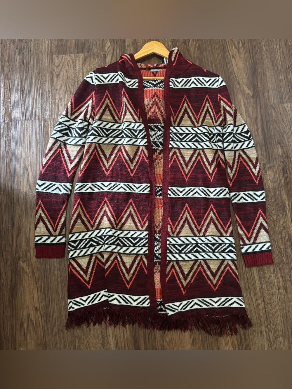 Charlotte Russe Hooded Aztec Tribal Open Front Fringe Cardigan Sweater M